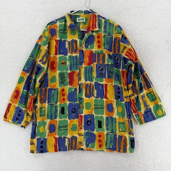 VTG United Colors Of Benetton Shirt Womens 4 Multicolor Geometric Button Up - Picture 1 of 7